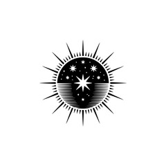 Celestial Emblem: Sunburst Starry Night Illustration - Black and White Design