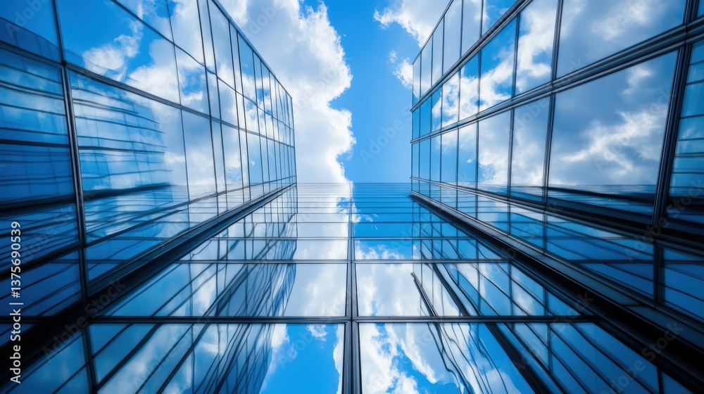 Poster glass building with clouds in the background representing business cloud solutions and urban innovat
