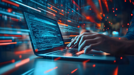 Fast internet connection with Metaverse technology concept, Programmer people working laptop with Virtual screen of Internet speed measurement