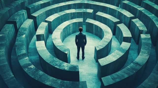 Man navigating a complex maze symbolizing behavioral finance patterns and decision-making challenges in investments