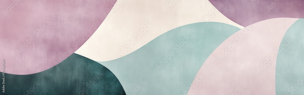 Poster elegant minimalist art: curved shapes with blended colors in light lavender, pale cream, teal, and m