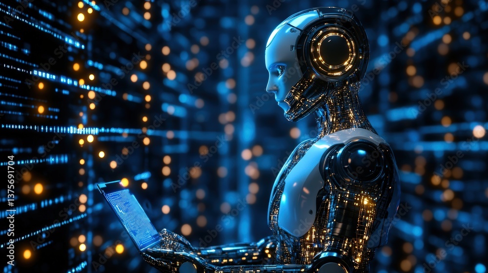 Aufkleber Humanoid robot holding a laptop in a modern office setting representing automation and technology integration