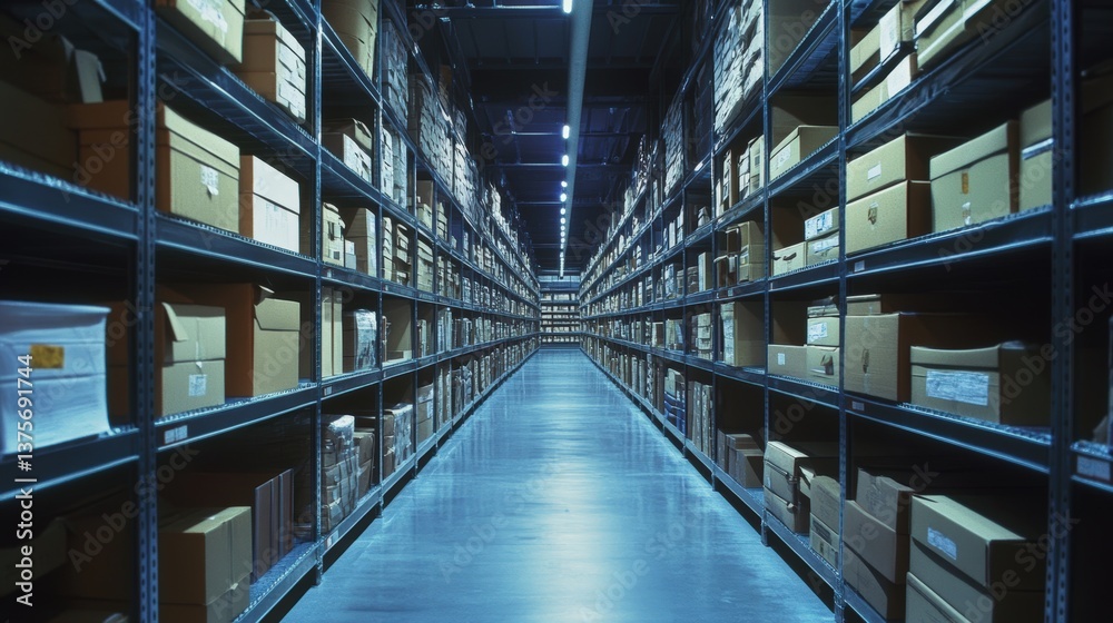 Poster organized long row of shelves filled with documents and files in a modern office environment for eff