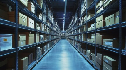 Organized long row of shelves filled with documents and files in a modern office environment for efficient storage