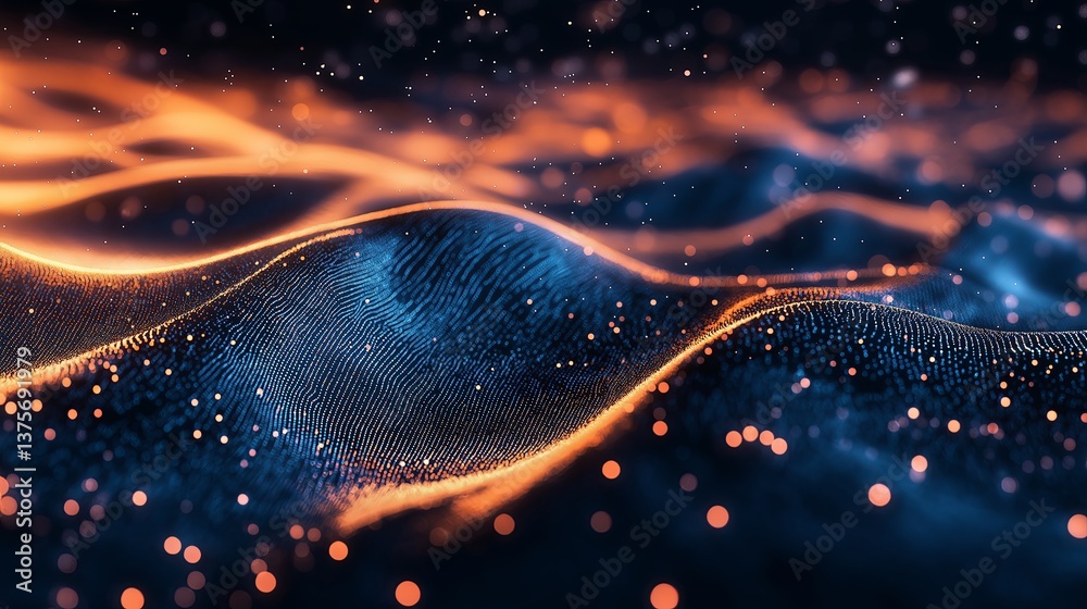 Poster a digital wave composed of thousands of glowing particles.