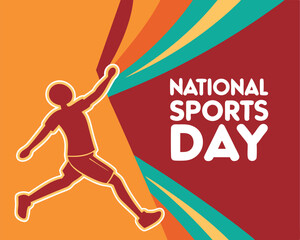 Basketball player jumping to shoot for National Sports Day celebration graphic.