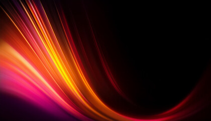 Blurred Luminous bright red-golden yellow color light ultraviolet gradient radiance soft texture on dark black abstract background. Neon blur glow. Color light overlay. Copy space.