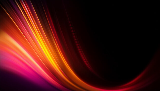 Blurred Luminous bright red-golden yellow color light ultraviolet gradient radiance soft texture on dark black abstract background. Neon blur glow. Color light overlay. Copy space.