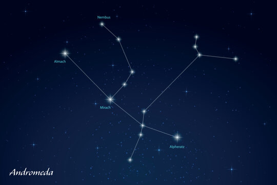 Andromeda Constellation with Star Names in Night Sky