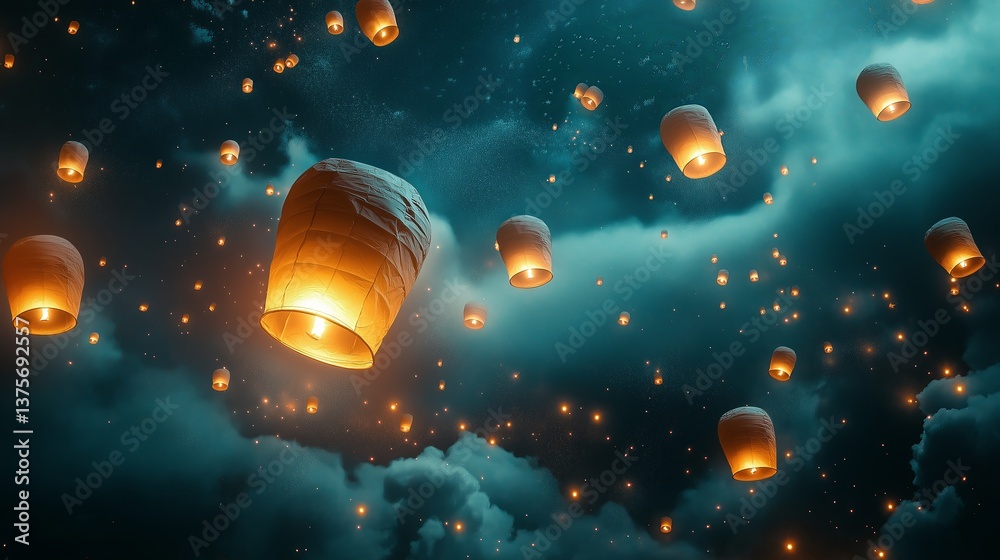 Poster a dreamscape with floating lanterns drifting toward the heavens.