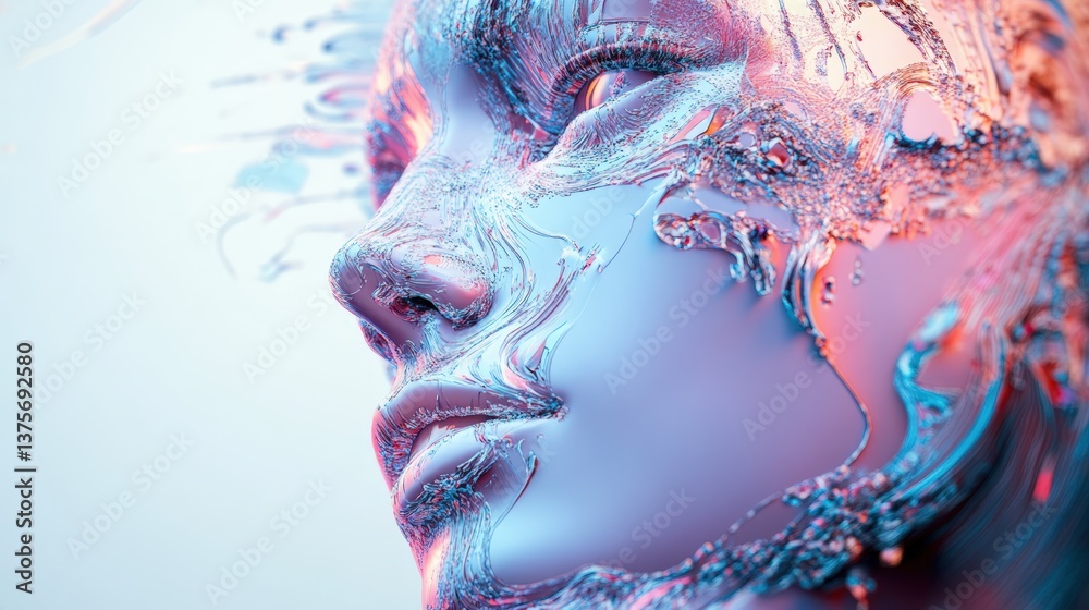 Poster woman's face enveloped in futuristic design elements, representing ai-powered cloud solutions and in