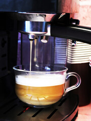 Cup of coffee and coffee machine, delicious drink