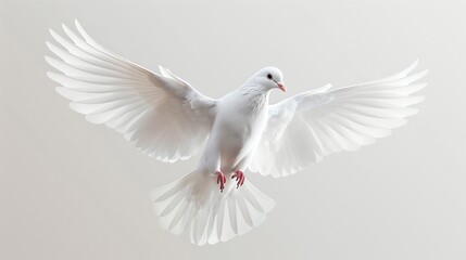 Obraz premium A beautiful white dove is flying with its wings spread wide. The dove is a symbol of peace and hope.