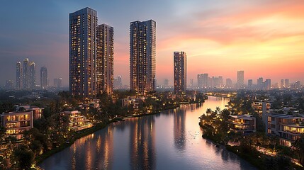 Fototapeta premium Sunset cityscape with modern skyscrapers and waterfront villas reflecting in calm water.