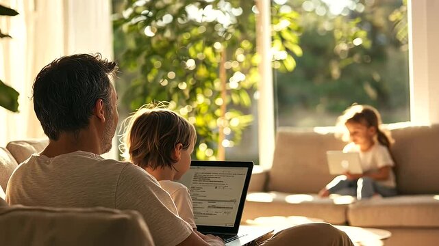 Parent pausing online banking during a scam call with kids playing