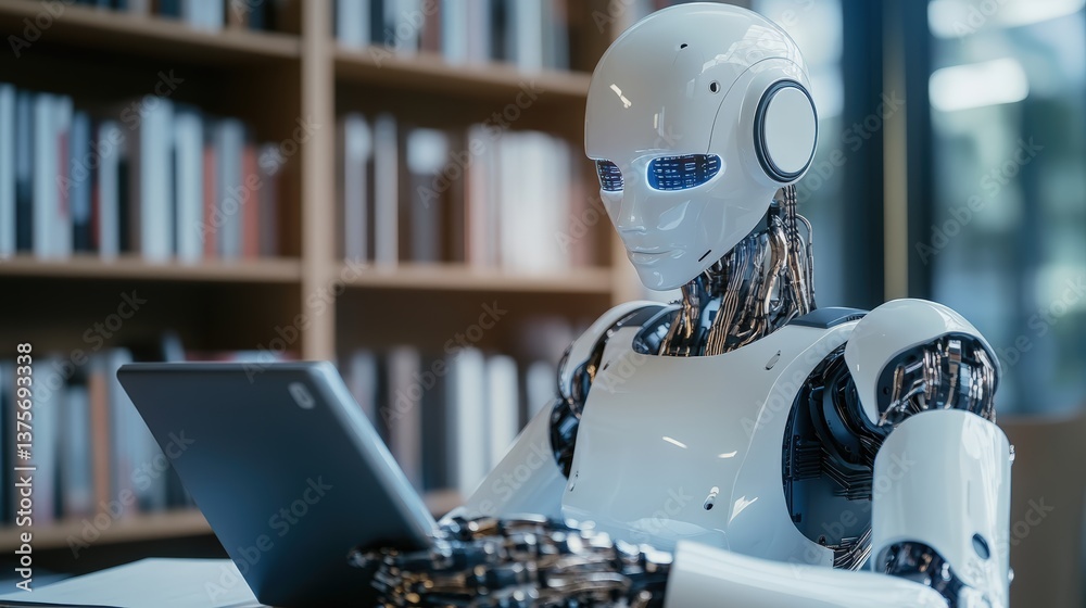 Poster Advanced robot working diligently on a laptop displaying ai technology in market evaluation and analysis
