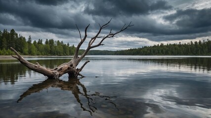 Fototapeta premium Driftwood in Calm Lake Water Under a Cloudy Sky Landscape