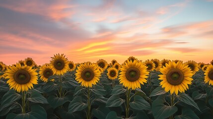 Fototapeta premium A field of sunflowers stretching endlessly under a pastel-colored sky.