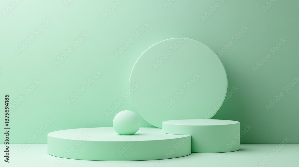 Poster Minimalist mint-green 3D product display set with a geometric arrangement of platforms and a sphere for advertising campaigns