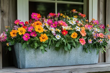 A galvanized steel planter box overflowing with vibrant, mixed summer flowers. Use this shot for garden, landscaping, or home improvement design themes.