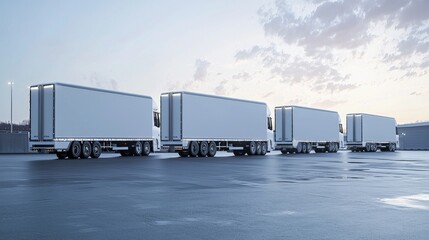 A fleet of modern trucks in a parking area under a clear blue sky.