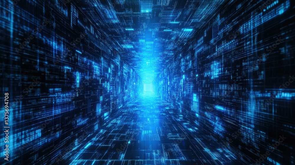 Poster a dark tunnel illuminated with blue lights signifying the future of business technology transformati
