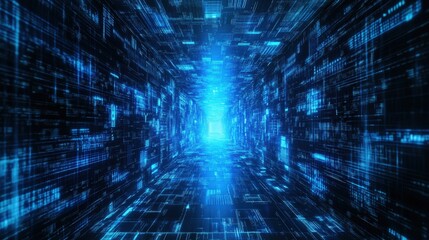 A dark tunnel illuminated with blue lights signifying the future of business technology transformation