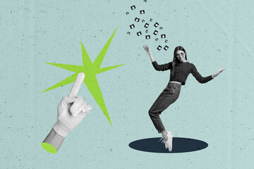 Picture metaphor collage of young girl moving dancing wuth like icons with finger pointing background