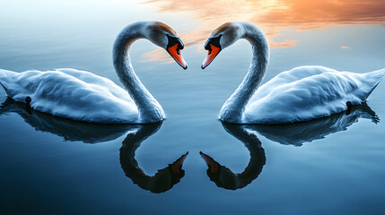 Fototapeta premium Two Swans Forming Heart Shape on Calm Water at Sunset
