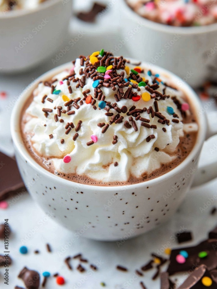 Poster close-up of a cup of hot cocoa with whipped cream and sprinkles, featuring chocolate pieces and colo