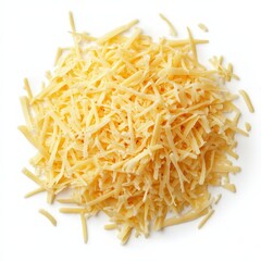 Fototapeta premium A Heap of Grated Cheese Isolated on White Background Perfect for Culinary Recipes and Food Blogs