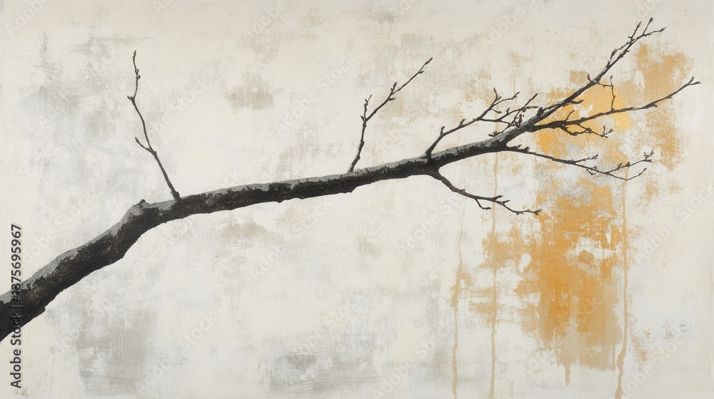 Poster abstract silhouette of a tree branch in muted gray and gold against a textured background