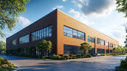 Obraz premium Modern Brick Commercial Building Exterior with Ample Parking and Landscaping