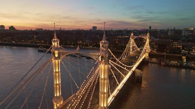 Albert Bridge and Thames River aerial shot at dusk in London