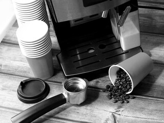 Coffee, cups and coffee machine, set for making a drink