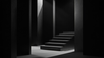 Obraz premium A minimalist staircase illuminated in a dark space, creating a dramatic architectural effect.