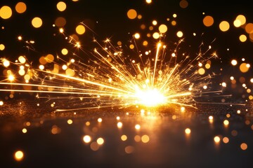 Fototapeta premium A bright yellow sparkler is lit up in the dark. The sparkler is surrounded by a lot of bright, glowing lights. Concept of excitement and energy
