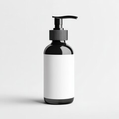 Sleek Black Pump Bottle Mockup with Blank White Label Ideal for Skincare Lotion or Shampoo Packaging Design