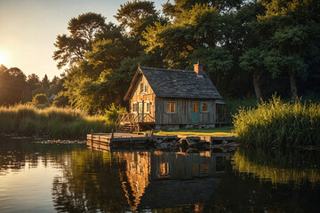 Fototapeta premium Rustic Wooden Cabin on Lake Shore at Golden Hour