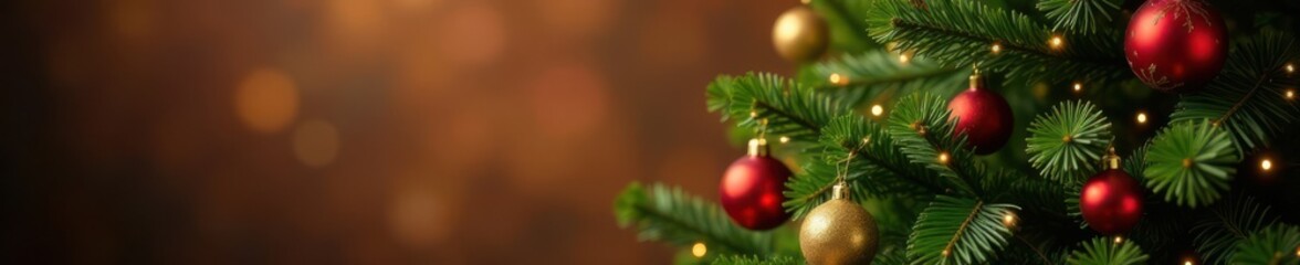Christmas tree with greenery and ornaments in a warm background, snow-covered ground, frosty landscape