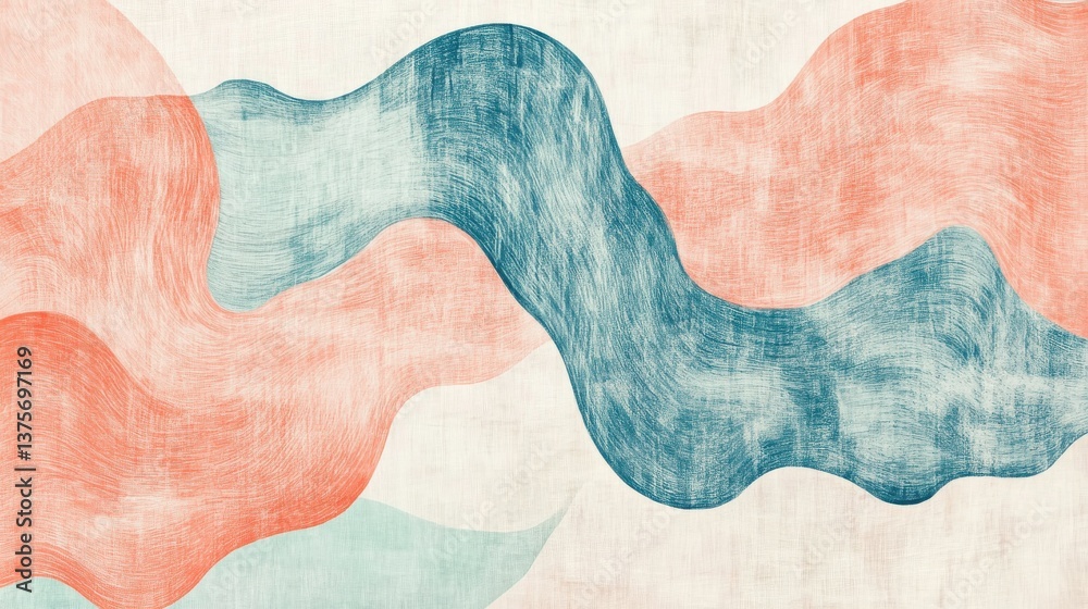 Poster abstract pencil strokes echoed shapes in mint and coral hues on a textured off-white background