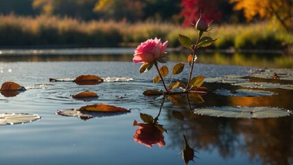 Pink Rose Growing in Lake Water with Autumn Reflections Scene