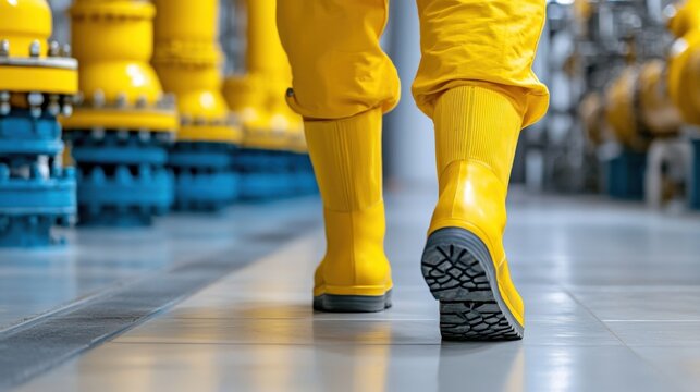Industrial worker walking through manufacturing facility factory setting action shot close-up view efficiency focus