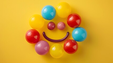 Obraz premium Colorful balls arranged in a circle on a yellow background. The balls are arranged in a way that suggests a smiling face.
