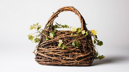 A rustic woven basket adorned with fresh greenery and vibrant flowers.