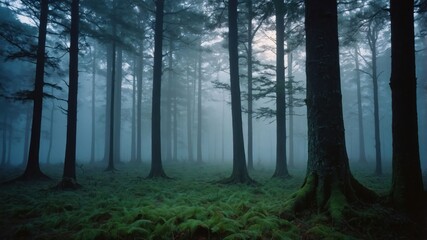 Naklejka premium Walking Through Forest with Fog and Mossy Ground Cover Background