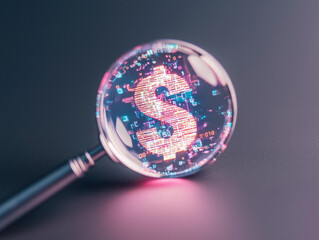 close up of magnifying glass highlighting digital dollar sign, surrounded by binary code and futuristic elements, evokes sense of innovation and financial technology