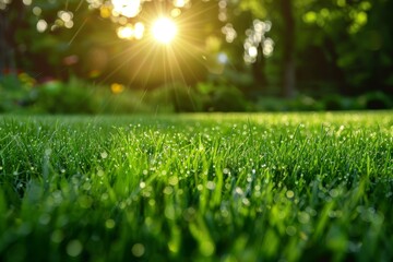Naklejka premium A freshly cut lawn with a blurred lawnmower in the foreground and a flower bed in the background, The earthy scent of freshly mowed grass