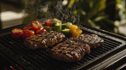 Sizzling steaks and grilled vegetables on a barbecue.