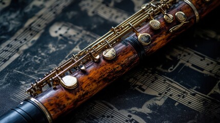 Naklejka premium Classic clarinet rests on sheet music, hinting at practice and passion. A harmonica sits nearby, surrounded by scattered notes